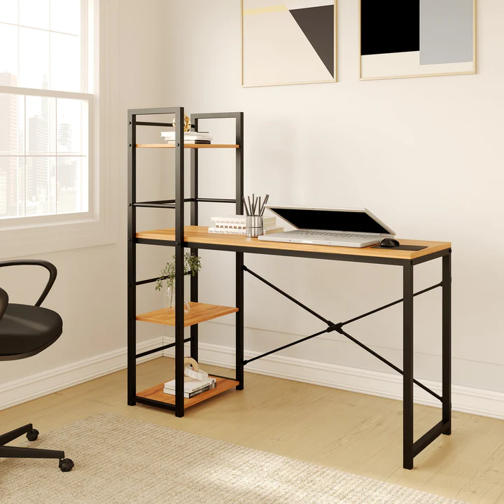 Study Table with Bookshelf - Wooden & Metal Computer Desk, product view 1