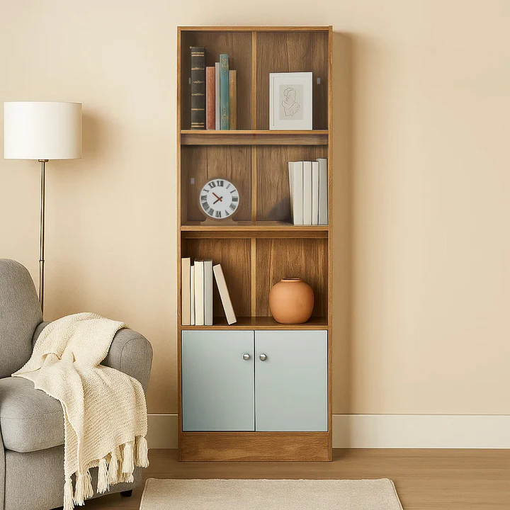 Wooden Bookshelf with Cabinet - Modern Storage Bookcase (Oak & Grey), product view 1