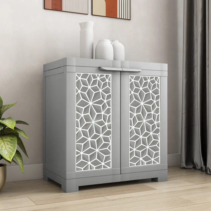Compact 2 Door Storage Cabinet with Designer Panels (Light Grey Finish), product view 1