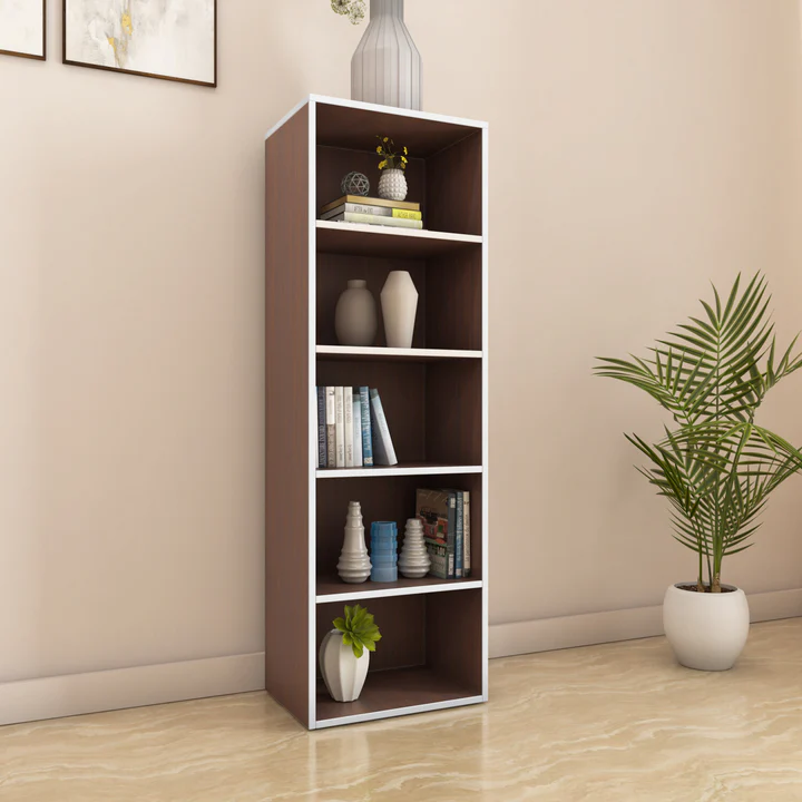 Halo 5 Tier Open Storage Cabinet - Wooden Bookshelf Organizer (Walnut & White), product view 1