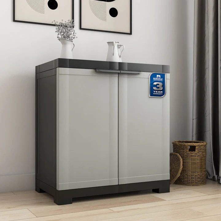 Modern Dual Door Storage Cabinet (Grey & White Finish), product view 1