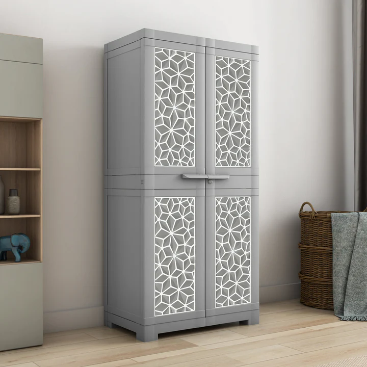Premium 4 Door Storage Cabinet with Designer Panels (Grey Finish), product view 1