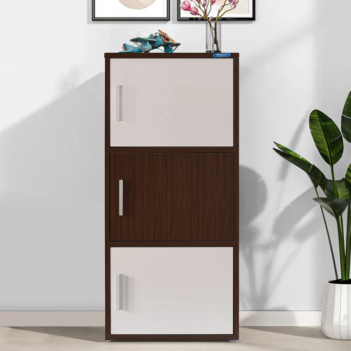 Sear 3 Tier Storage Cabinet - Wooden Organizer with Doors (Oak & Frosty White), product view 1