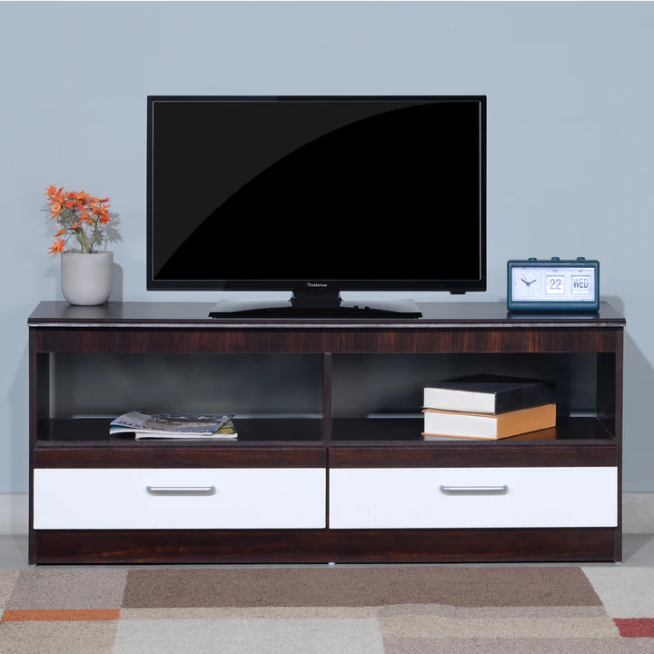 Walnut & White TV Cabinet - Modern Wooden TV Unit with Drawers, product view 1