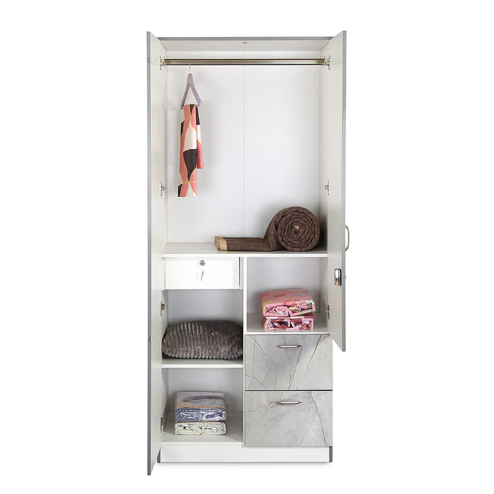 2 Door White Wardrobe with Mirror & Drawers - Compact Wooden Almirah, product view 2