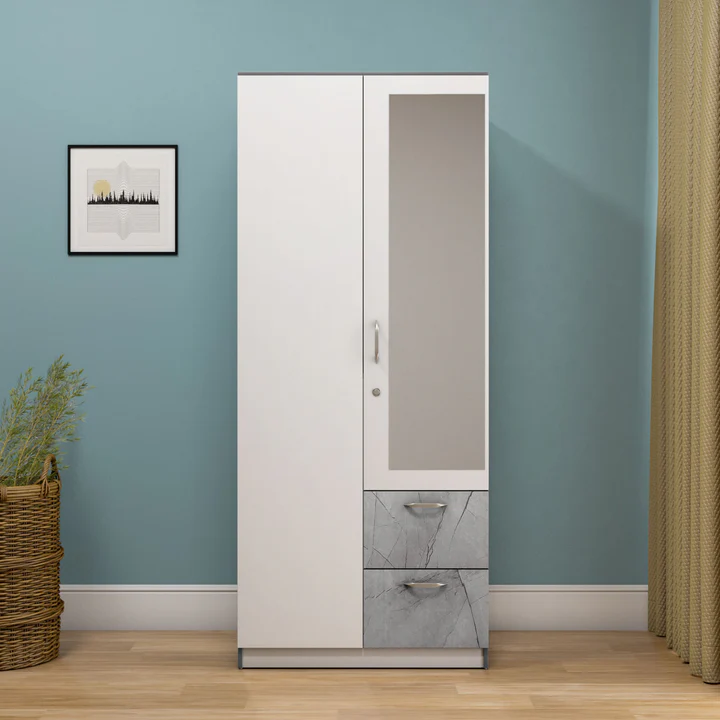 2 Door White Wardrobe with Mirror & Drawers - Compact Wooden Almirah, product view 3