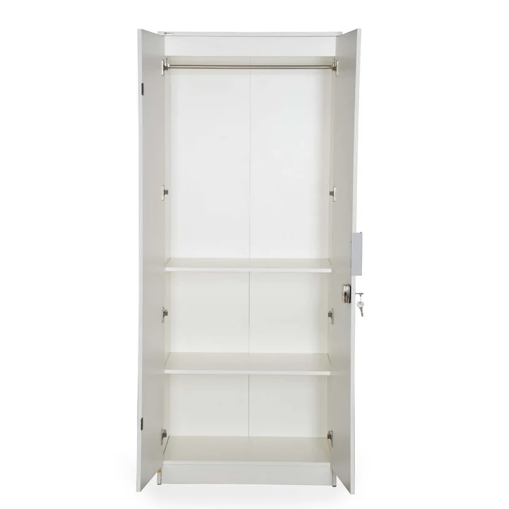 2 Door White Wooden Wardrobe - Modern Bedroom Almirah with Lock, product view 2