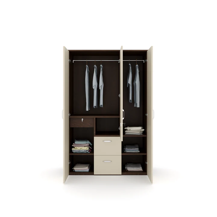 3 Door Wardrobe with Mirror & Drawers - Wooden Bedroom Almirah, product view 2