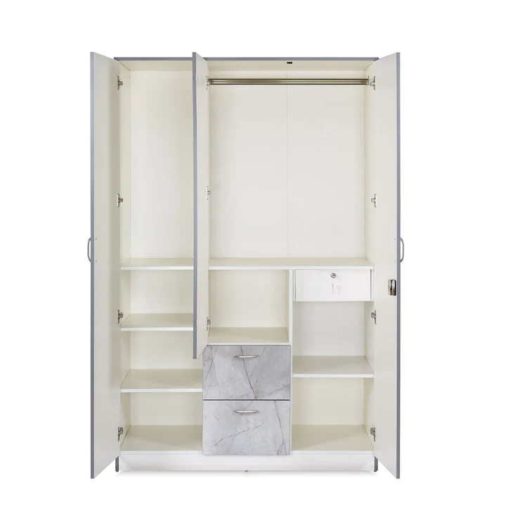3 Door White Wardrobe with Mirror & Drawers - Modern Wooden Almirah, product view 2