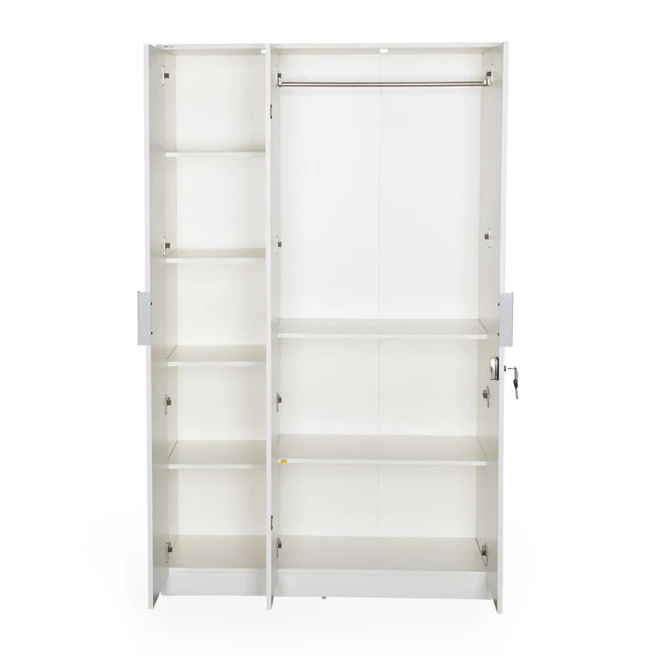 3 Door White Wooden Wardrobe - Modern Bedroom Almirah with Lock, product view 2
