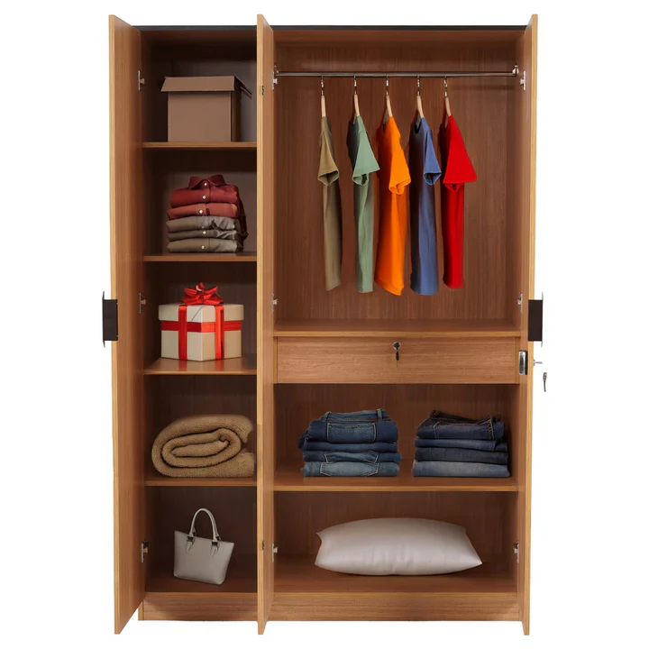 3 Door Wooden Wardrobe with Mirror - Modern Bedroom Almirah, product view 2