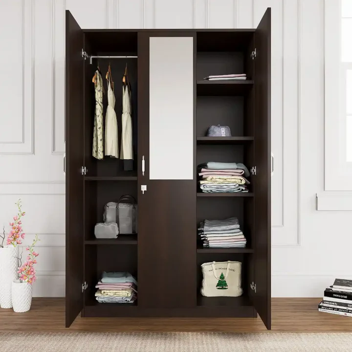 3 Door Wooden Wardrobe with Mirror - Spacious Storage Almirah, product view 1
