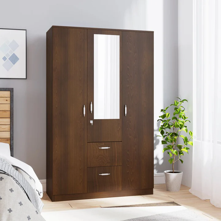 3 Door Wooden Wardrobe with Mirror & Drawers - Premium Bedroom Almirah, product view 1