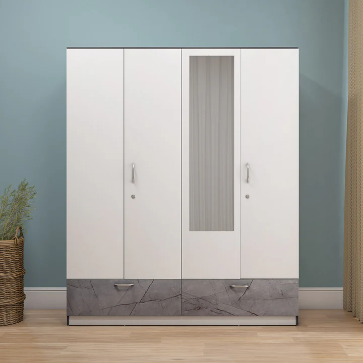 4 Door White Wardrobe with Mirror & Drawers - Modern Wooden Almirah, product view 2