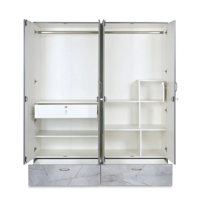 4 Door White Wardrobe with Mirror & Drawers - Modern Wooden Almirah, product view 3