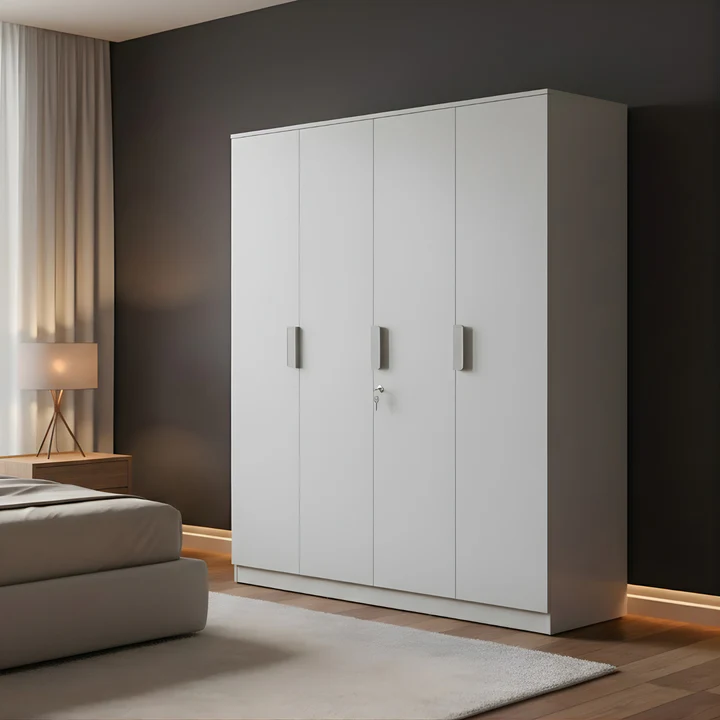 4 Door White Wooden Wardrobe - Large Bedroom Almirah with Lock, product view 1