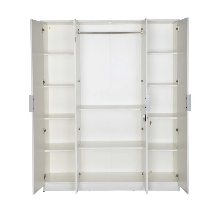 4 Door White Wooden Wardrobe - Large Bedroom Almirah with Lock, product view 2