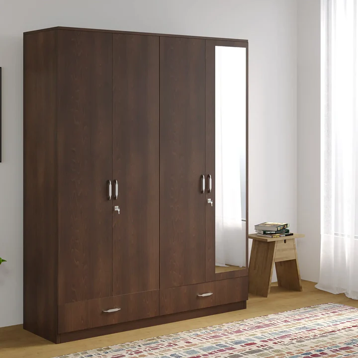 4 Door Wooden Wardrobe with Mirror & Drawer Storage, product view 1