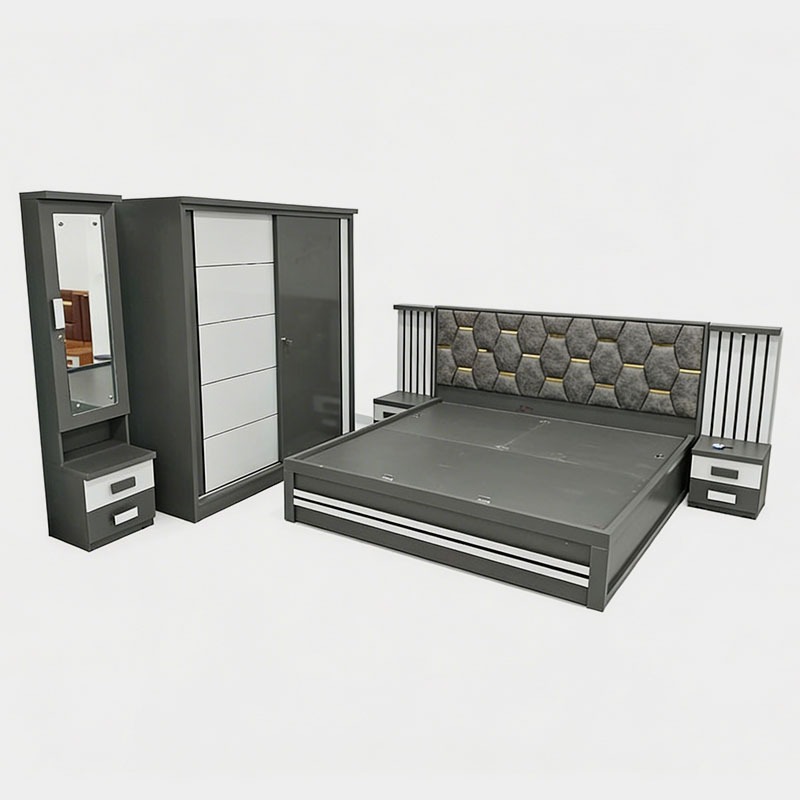 Premium Grey Bedroom Set with Upholstered Bed, Sliding Wardrobe & Dressing Unit, product view 1