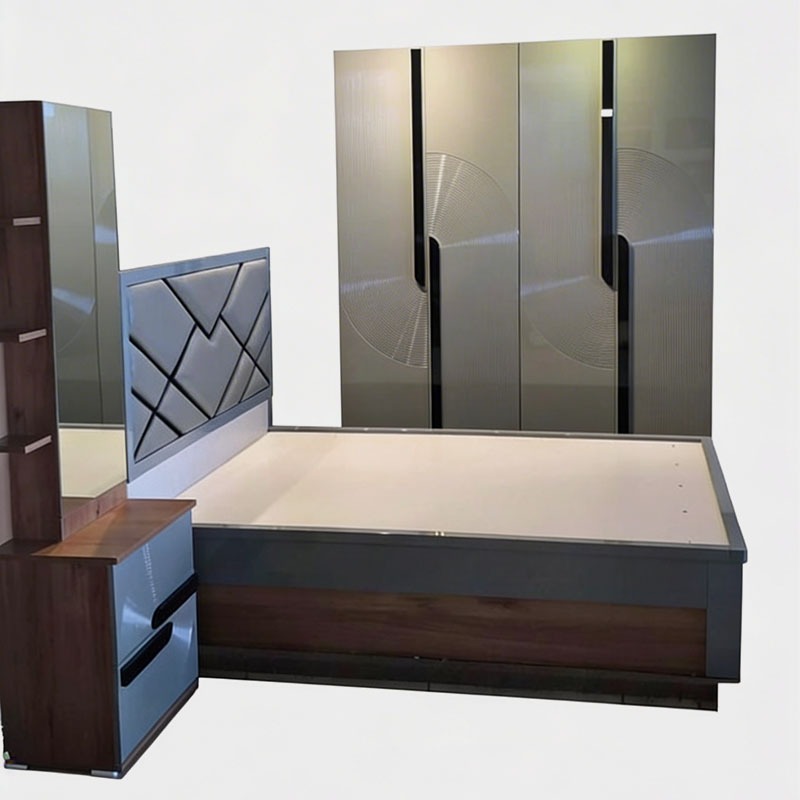 Premium Grey & Wood Bedroom Set with 4 Door Wardrobe & Dressing Table, product view 1
